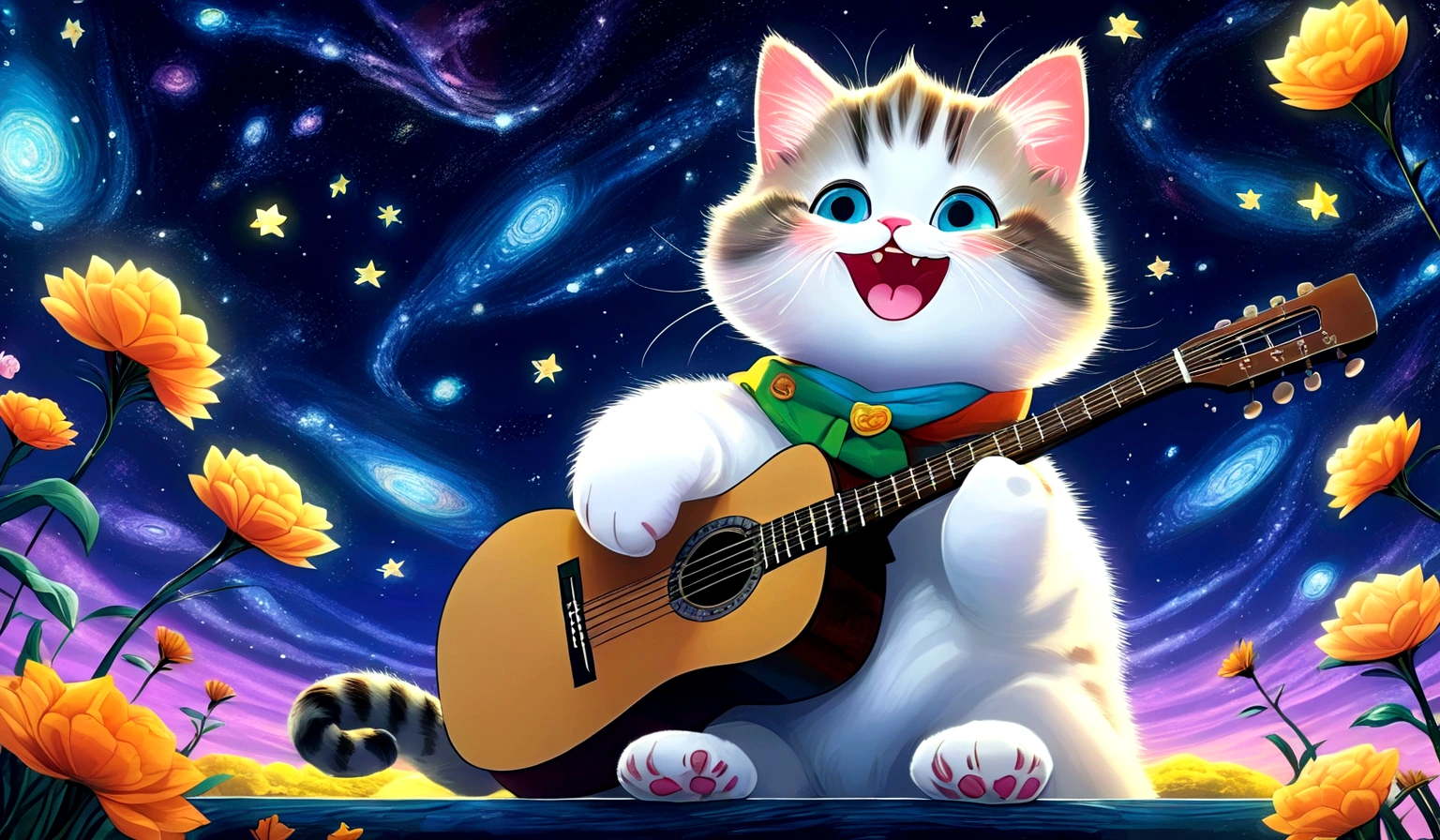 Anime Cat ,play the guitar,Has a happy expression,Beautiful starry sky at night time,Cat-focused movies, Dynamic pose, Dynamic Background, Dynamic configuration, Dynamic Lighting, Realistic proportions, High resolution, Ray Tracing, Very detailed, Super detailed, Intricate details, Very detailed雰囲気, Very detailedテクスチャ.