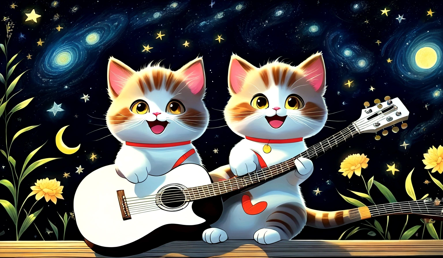 Anime Cat ,play the guitar,Has a happy expression,Beautiful starry sky at night time,Cat-focused movies, Dynamic pose, Dynamic Background, Dynamic configuration, Dynamic Lighting, Realistic proportions, High resolution, Ray Tracing, Very detailed, Super detailed, Intricate details, Very detailed雰囲気, Very detailedテクスチャ.