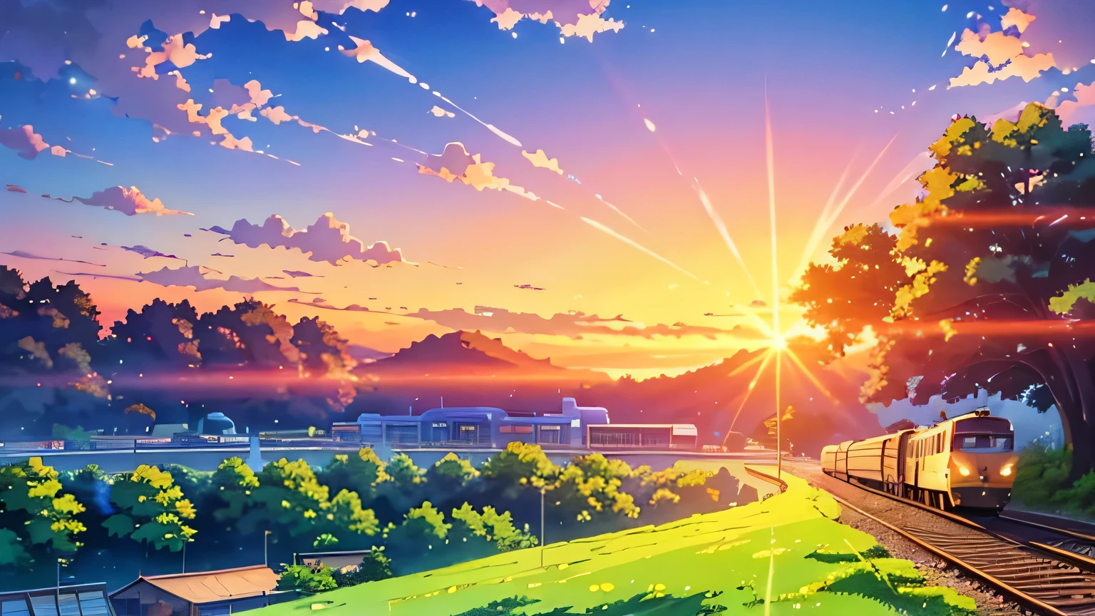 A train is coming on the tracks at the station, Beautiful anime scene, Station Background, Anime countryside landscape, Anime Background art, beautiful Anime Scenery, colorful Anime movie background, Beautiful peaceful scene in anime, Spring Morning, Anime movie background, Summer station, Anime Background, ( ( makoto shinkai ) ), Anime Scenery, anime landscape wallpapers