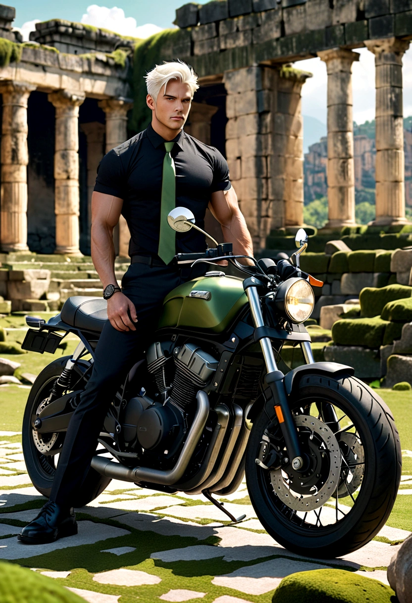 motorcycle, A man with a toned body, Solitary, White hair, short hair, Black and gray social shirt, Black and gray trousers, Black social shoes, Serious look, Light green eyes, Ancient ruins, Moss green tie.