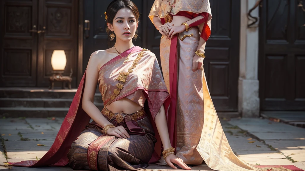 (raw photos:1.2), (realistic:1.4), (Masterpiece:1.3), (best quality:1.4), Ultra high resolution, (Detailed eyes), (Detailed facial features), (Detailed clothing features), HDR, 8k resolution, Focus only, Dressing according to Thai tradition, Traditional shawl , 1 woman , big breasts, A gigantic rift, big breastsดันเสื้อผ้า, big breast, The breasts will fully grow..., Make your breasts bigger.., beautiful face, The details of the face are complete., beautiful face, small waist, Long legs, Facing the audience, full body, depth of field, Cinema-grade lighting system, big breasts, Too big for your body, Revealing a flat stomach, The lower half of the chest can be seen..., Sexy sitting posture, Pictures from eye-catching angles, Correct picture elements, The picture is complete.,