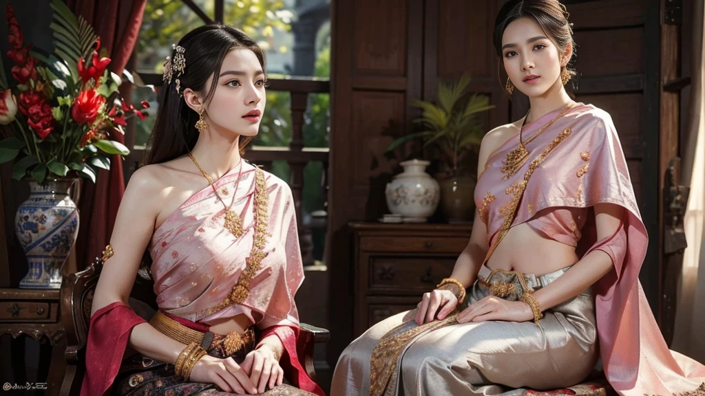 (raw photos:1.2), (realistic:1.4), (Masterpiece:1.3), (best quality:1.4), Ultra high resolution, (Detailed eyes), (Detailed facial features), (Detailed clothing features), HDR, 8k resolution, Focus only, Dressing according to Thai tradition, Traditional shawl , 1 woman , big breasts, A gigantic rift, big breastsดันเสื้อผ้า, big breast, The breasts will fully grow..., Make your breasts bigger.., beautiful face, The details of the face are complete., beautiful face, small waist, Long legs, Facing the audience, full body, depth of field, Cinema-grade lighting system, big breasts, Too big for your body, Revealing a flat stomach, The lower half of the chest can be seen..., Sexy sitting posture, Pictures from eye-catching angles, Correct picture elements, The picture is complete.,