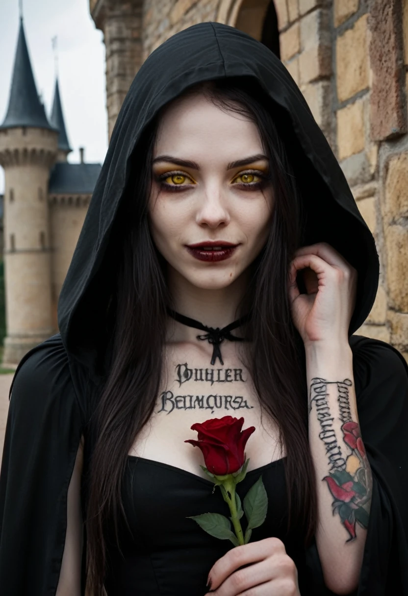 Cassandra has dark brown hair, yellow eyes, very pale, blood around her mouth, she has a sadistic smile, she wears a long black dress with hood and a cape. Behind his back and a flower tattoo on his forehead with the sign of the House Dimitrescu. It is inside a beautiful castle [Woman] [Beautiful] [Vampire] [Black dress] [Blood] [Very pale skin] [Inside a beautiful castle]