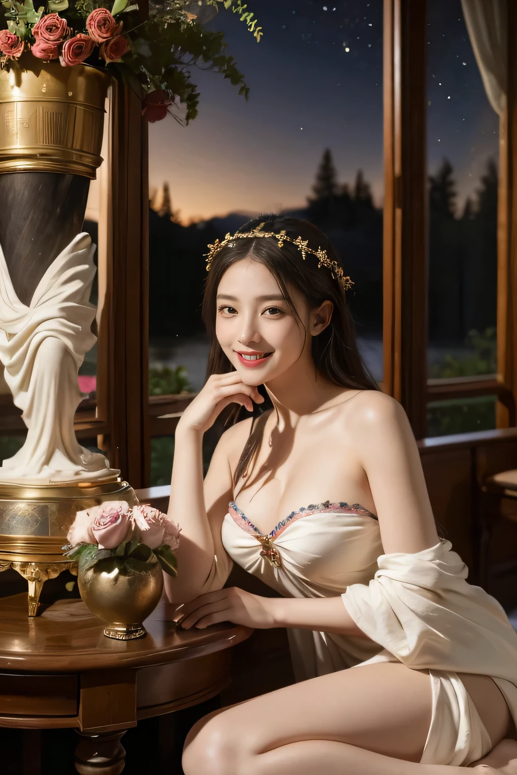 Giorgione painting style,Arguments of two female Philosophe,math、astronomical machine、astronaut、roses in vase、fruits、Cute trinkets、smile、ancient greek costume、Background is a forest lake at night 、Clothes that stretch your shoulders、A big smile、beautiful bare skin、A detailed representation of the seducing woman throughout her body.sexy,?????? smile