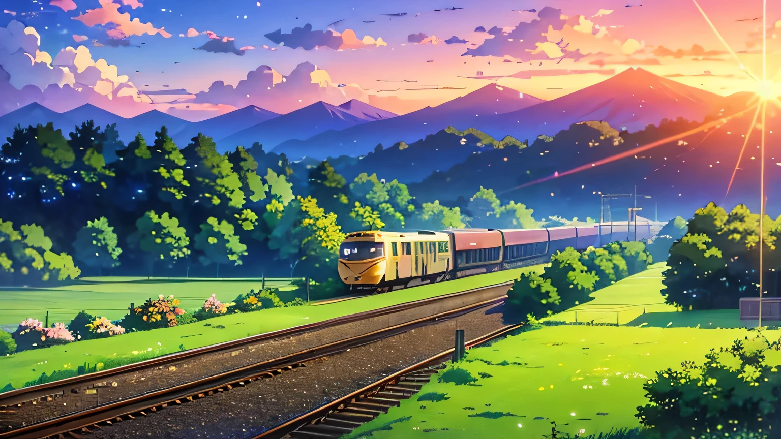 A train is coming on the tracks at the station, Beautiful anime scene, Station Background, Anime countryside landscape, Anime Background art, beautiful Anime Scenery, colorful Anime movie background, Beautiful peaceful scene in anime, Spring Morning, Anime movie background, Summer station, Anime Background, ( ( makoto shinkai ) ), Anime Scenery, anime landscape wallpapers