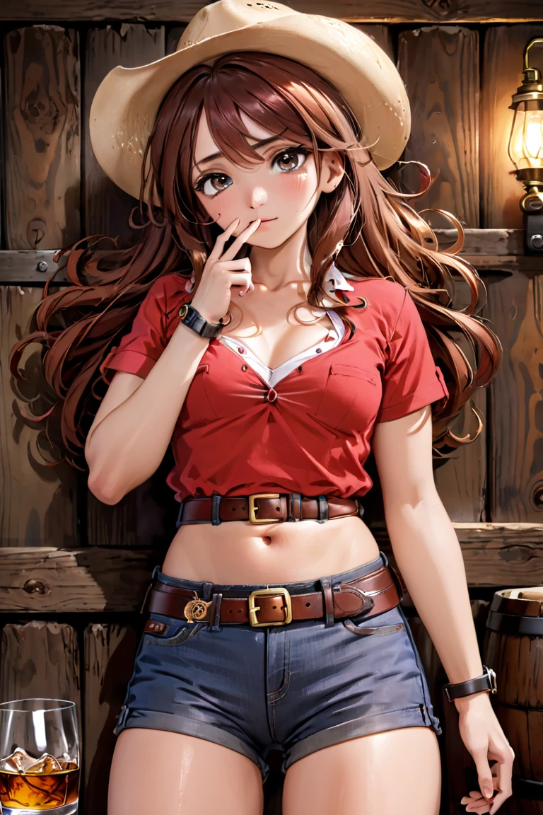 (((1 person:2.0))),((Tight short sleeve cowgirl shirt:1.8))),(((Belted denim hot pants:1.8))),(((Slim body:1.8))),(((Brown gun belt with holster:1.8))),((Brown cowboy hat:1.8)),((Wear a metal watch on your wrist:1.8))),(((Showing cleavage))),(((Exposed thin inner thighs))),(((Small breasts:1.5))),(((Bare arms))),(((Her hair is brown))),((Blushed:1.2)), Beautiful detailed girl, Very detailed目と顔, 緻密でBeautiful Eyes, Very detailed, High resolution, Highest quality, masterpiece, Very detailed, 8k wallpaper, wonderful, finely, Highest quality,(Standing in front of a wooden wall),Beautiful Eyes,((Engage your audience:1.2)),(((Full Body Shot:1.8))),((Are standing:1.2)),((Put your right hand on your chest:1.2)),((Whiskey in left hand:1.4)),(((Drunk:1.5))),(((Drunk face:1.0)))