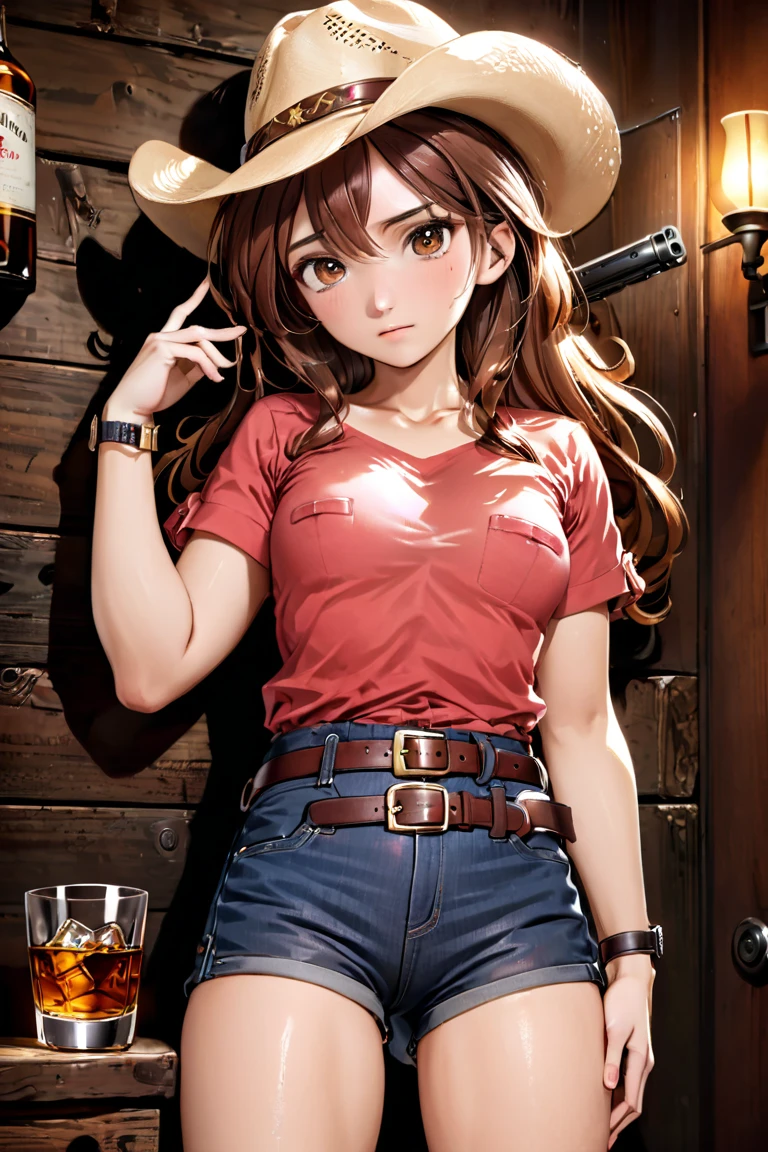 (((1 person:2.0))),((Tight short sleeve cowgirl shirt:1.8))),(((Belted denim hot pants:1.8))),(((Slim body:1.8))),(((Brown gun belt with holster:1.8))),((Brown cowboy hat:1.8)),((Wear a metal watch on your wrist:1.8))),(((Showing cleavage))),(((Exposed thin inner thighs))),(((Small breasts:1.5))),(((Bare arms))),(((Her hair is brown))),((Blushed:1.2)), Beautiful detailed girl, Very detailed目と顔, 緻密でBeautiful Eyes, Very detailed, High resolution, Highest quality, masterpiece, Very detailed, 8k wallpaper, wonderful, finely, Highest quality,(Standing in front of a wooden wall),Beautiful Eyes,((Engage your audience:1.2)),(((Full Body Shot:1.8))),((Are standing:1.2)),((Put your right hand on your chest:1.2)),((Whiskey in left hand:1.4)),(((Drunk:1.5))),(((Drunk face:1.0)))