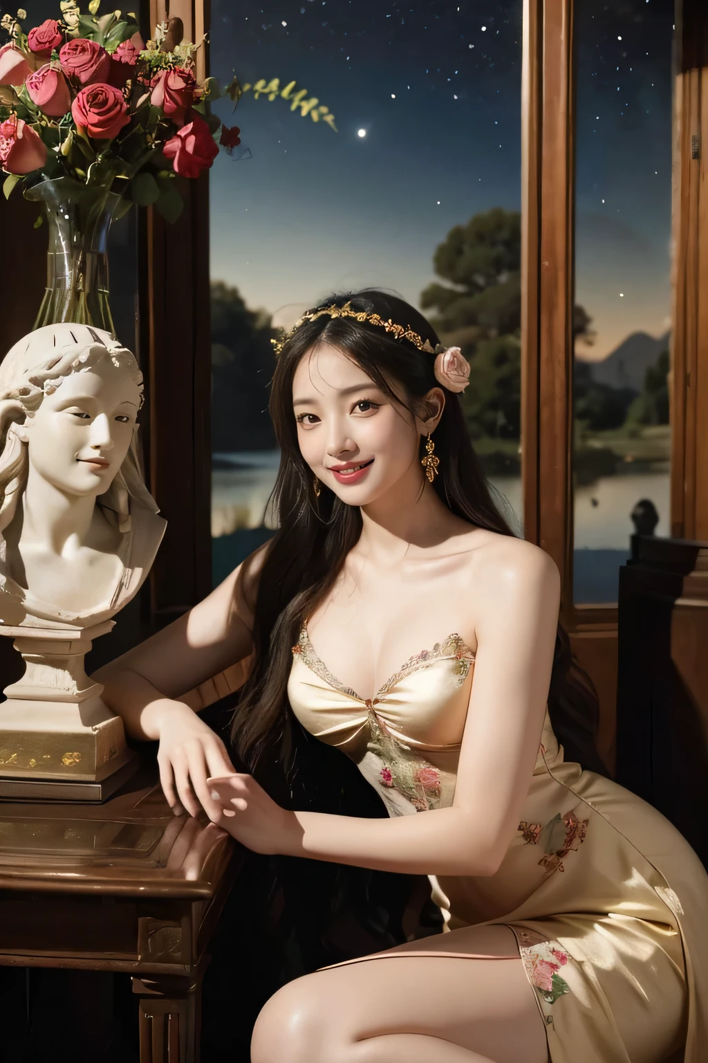 Giorgione painting style,Arguments of two female Philosophe,math、astronomical machine、astronaut、roses in vase、fruits、Cute trinkets、smile、ancient greek costume、Background is a forest lake at night 、Clothes that stretch your shoulders、A big smile、beautiful bare skin、A detailed representation of the seducing woman throughout her body.sexy,erotic smile