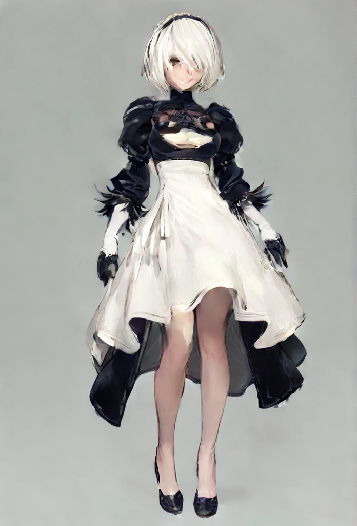 yorha 2B, Nier automata, (no visor), mature woman, white hair, mature body, looking at viewer, front view, close view, white dress, big breast, cleavage, full body