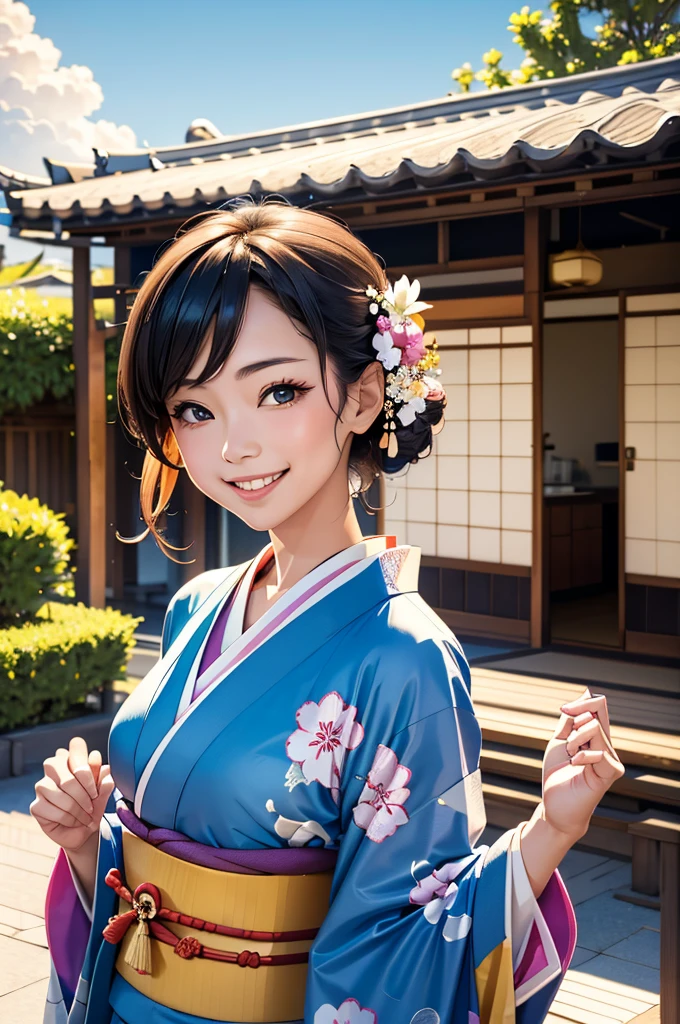 A beautiful smiling woman in a kimono greets people with a cheerful "Good morning" as her arms open under the blue sky