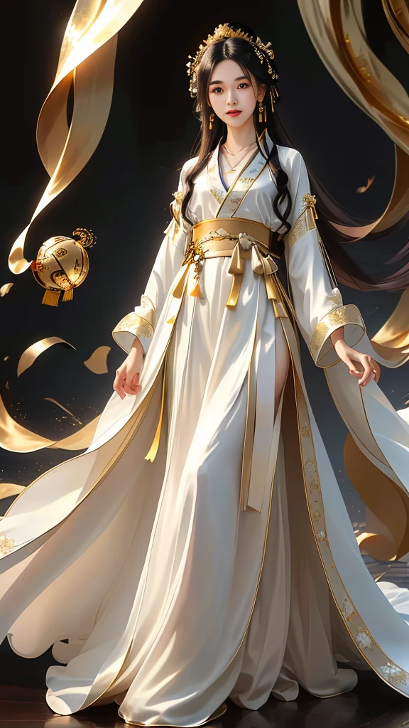 Girl in traditional Chinese clothing, Hanfu, Guzhen Hanfu women, gold Hanfu,(long straight black hair:1.5), black eyes, black bun hairstyle, hair accessories ,white diamond earrings, Bangle Diameter, Dia Necklace, Clear eyes, Facing forward,put on makeup, Long eyelashes ,(golden long coat:1.5), (Very long skirt, white:1.5), ((Whole body)), ((from below)), Clear face, , (Very beautiful face, Beautiful mouth, beautiful eyes), detailed face, ((Ultra-fine skin)), In the dark, deep shadows, an ancient Chinese girl (Very slim figure 1.3) ,Plump breasts, elegant posture ,(palace in the sky:1.5),