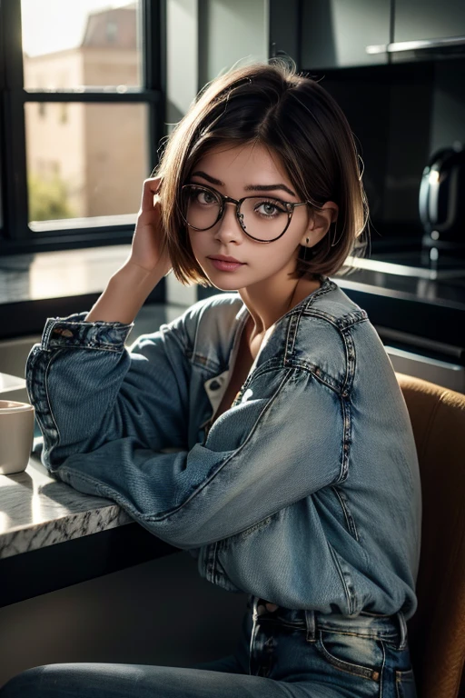 1 girl, short hair with blue highlights, (( offwhite, jeans, glasses drinking coffee sitting, in an elegant kitchen )), on desk, varied fruits, crescent moon, front looking at the viewer, standing alone, Short black hair with blue highlights, blue colored eyes, perfectbody, tennis court, Hair behind the ear, hair over eyes, looking at the camera, black hair, hair behind ear, short hair, open mouth, Hyperrealism, panorama, close-up, highres