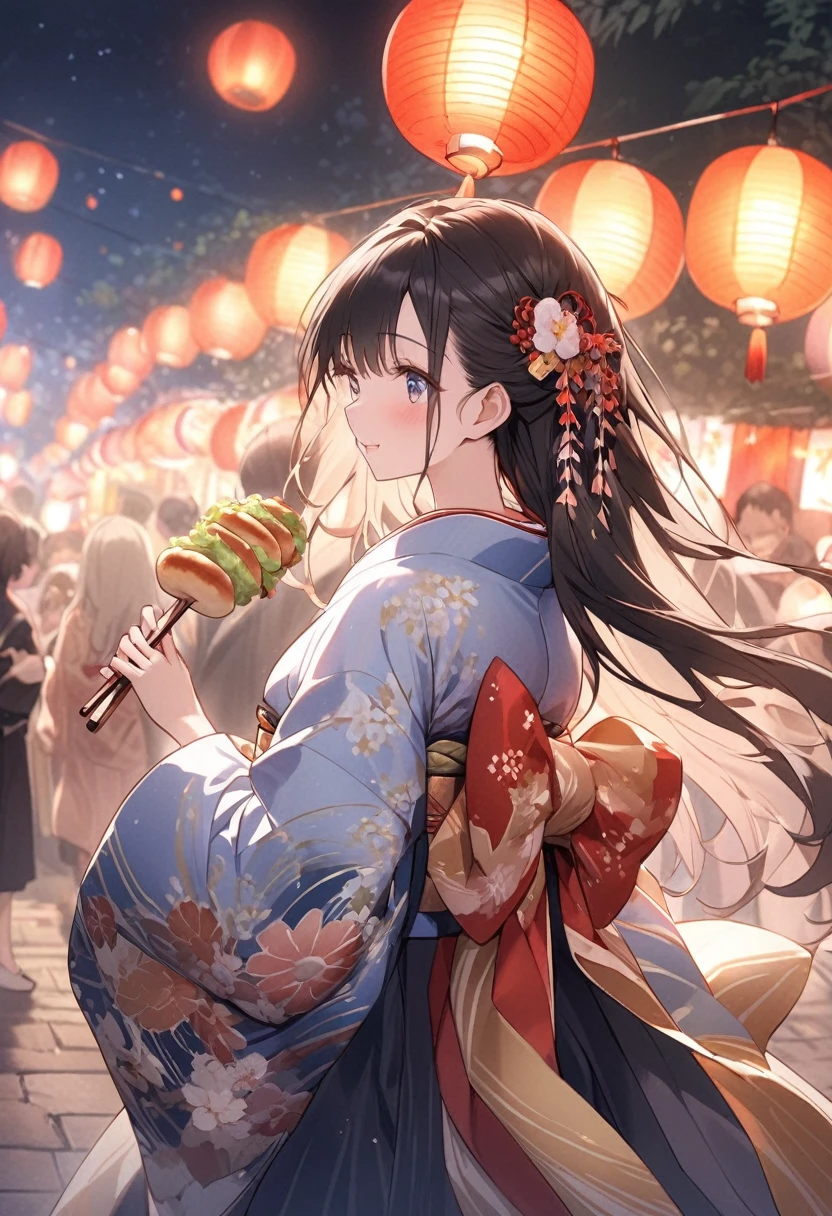8K、Night festival illustration drawn in ultra-high definition detail。The subject is１Young woman wearing a beautiful kimono for men。Long hair、It needs to be hung on one side、There is a small decoration like a dumpling..。She stands in a graceful pose、Fireworks in hands。

background, The vast festival venue spreads out、The food stalls and illuminations shine brightly、Fireworks light up the night sky。people々Walking around busily、It&#39;s filled with a festival atmosphere。

The pose is elegant and、Holding fireworks in both hands。The left arm is pulled back.、Right arm appears to be pulled forward。

The costume is a beautiful kimono、The pattern is gorgeous、It symbolizes the festive atmosphere.。Even the small ornaments and obi ties are designed in detail..。

His expression is calm and elegant.、It expresses a sense of happiness。

The composition is centered on the subject.、backgroundに広がる祭りの会場が描かれています。

Illuminated at night with festival illuminations.、Creates a great atmosphere。

The colors are vivid、The energy and charm of the festival is expressed。

Effects include firework particles and glowing stars、It emphasizes the festive atmosphere of the festival.。

background効果はお祭りの屋台とイルミネーションです.、The liveliness of the festival is highlighted。