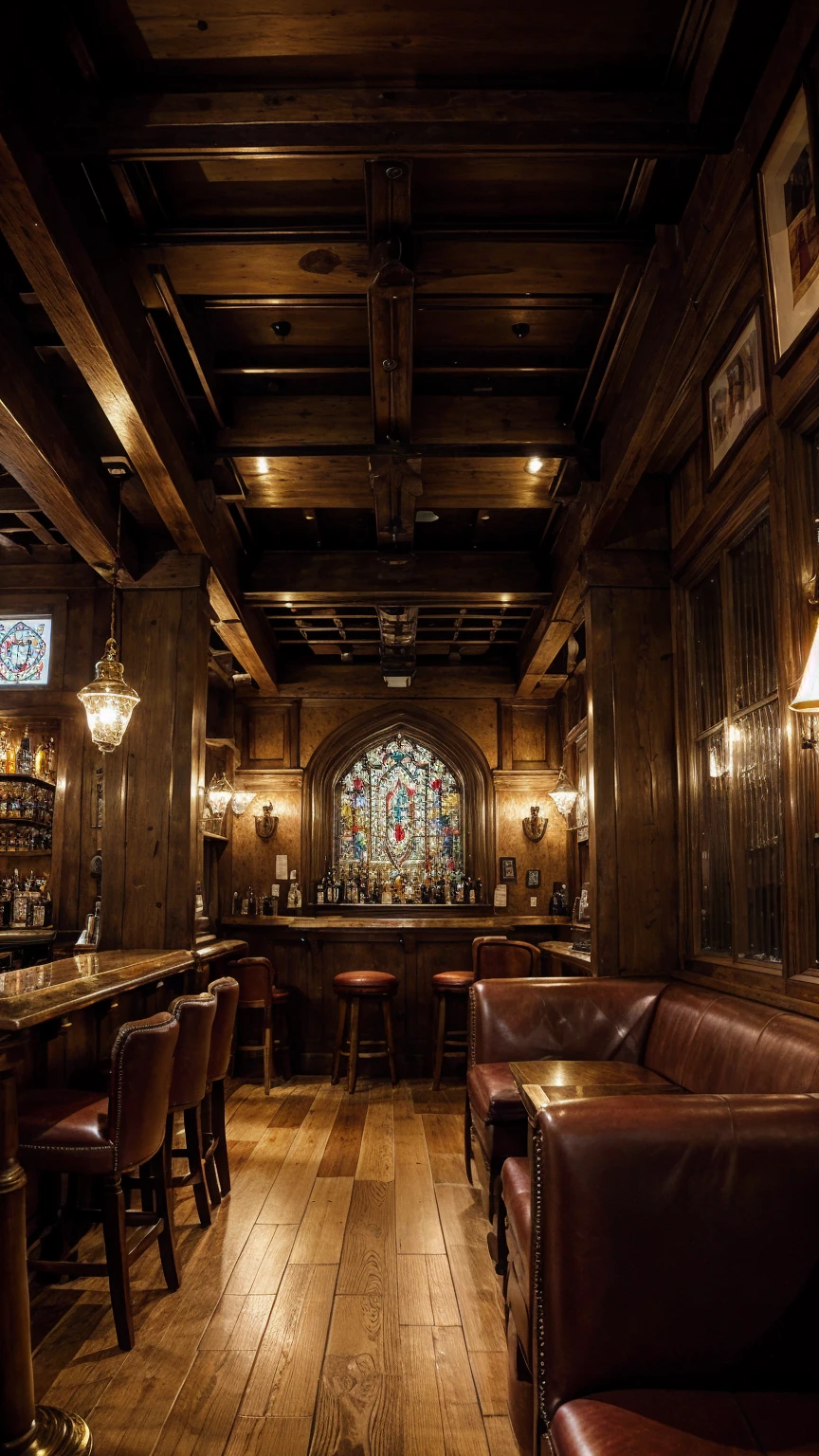 Create an ultra-high definition, hyper-realistic image that captures the essence of a typical decorated London bar or pub interior with impeccable detail. The image should feature sharp focus to highlight the intricate textures of aged wooden beams, polished bar surfaces, and traditional upholstery. Utilize professional lighting techniques to enhance the ambiance, casting soft, warm glows that accentuate the cozy corners and flickering fireplace. Ensure vivid colors that reflect the rich hues of vintage stained glass windows, deep leather seating, and the gleam of brass fittings. Include intricate details such as old beer mats, framed historic prints, and shelves stocked with a variety of spirits. Transport the viewer into the heart of this quintessential British pub, conveying the authenticity and charm of its decor with unparalleled realism.