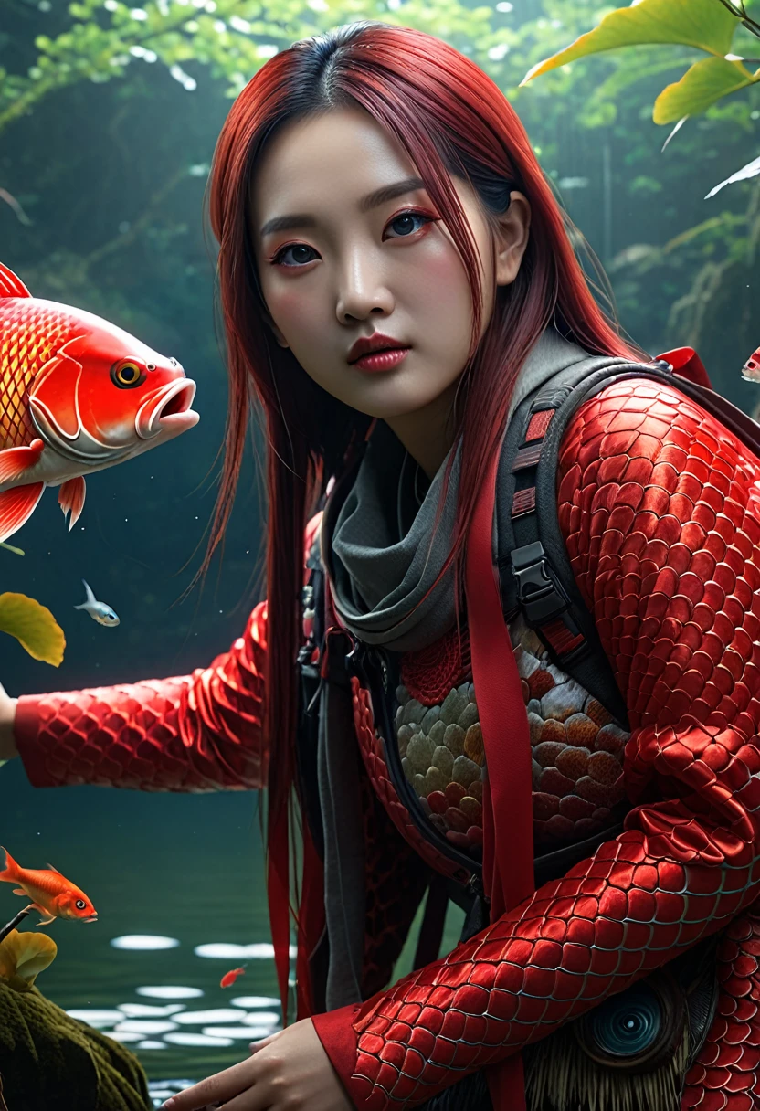 Panorama,河里有一种Mysterious Creatures,A red carp with a fish body and a human face,Mysterious Creatures, shrike, (best quality,4K,8K,High level,masterpiece:1.2),Ultra Detailed,(lifelike,Photo real,Photo real:1.37),Highly detailed animals,Complex patterns,Realistic lighting,Fantasy Creatures