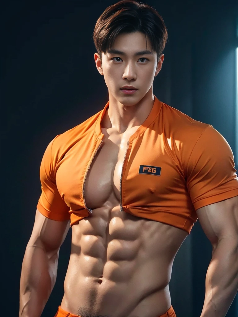 Handsome korean man. 24 years old, prisoner, perfect male body, look at the camera, (Orange prison uniform)portrait,dramatic shadow,Ray tracing, Best quality, Cinematic lighting, Extremely detailed CG, 8K wallpaper,Complicated.showing his chest and abs muscle 