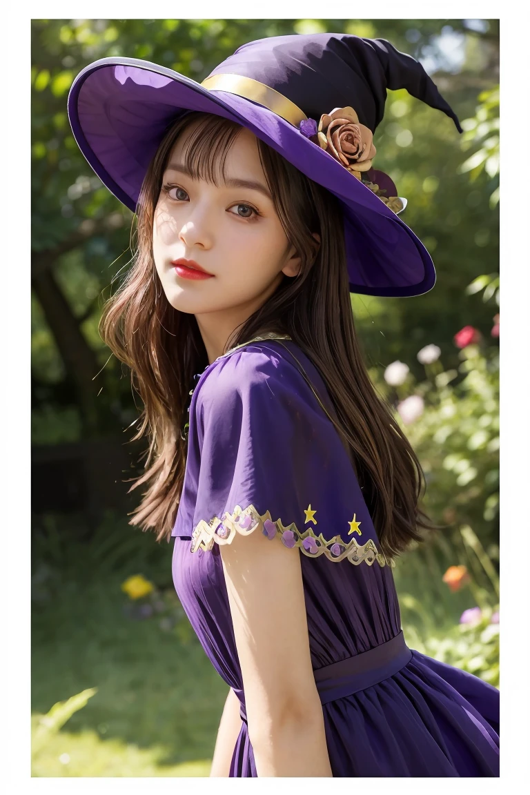 a beautiful girl, perfect face, arms at sides, masterpiece, ultra high res, high quality, 4k, upper body:1.5,  lisa (genshin impact), urple witch hat, green eyes, brown hair, (PureErosFace_V1:0.008), (european:1.6), bangs, dress, rose, jewelry, witch, capelet, purple headwear, black gloves, purple flower, hair between eyes, purple rose, parted lips, purple capelet, hat flower, multicolored dress, hair ornament,  windmill, from side,