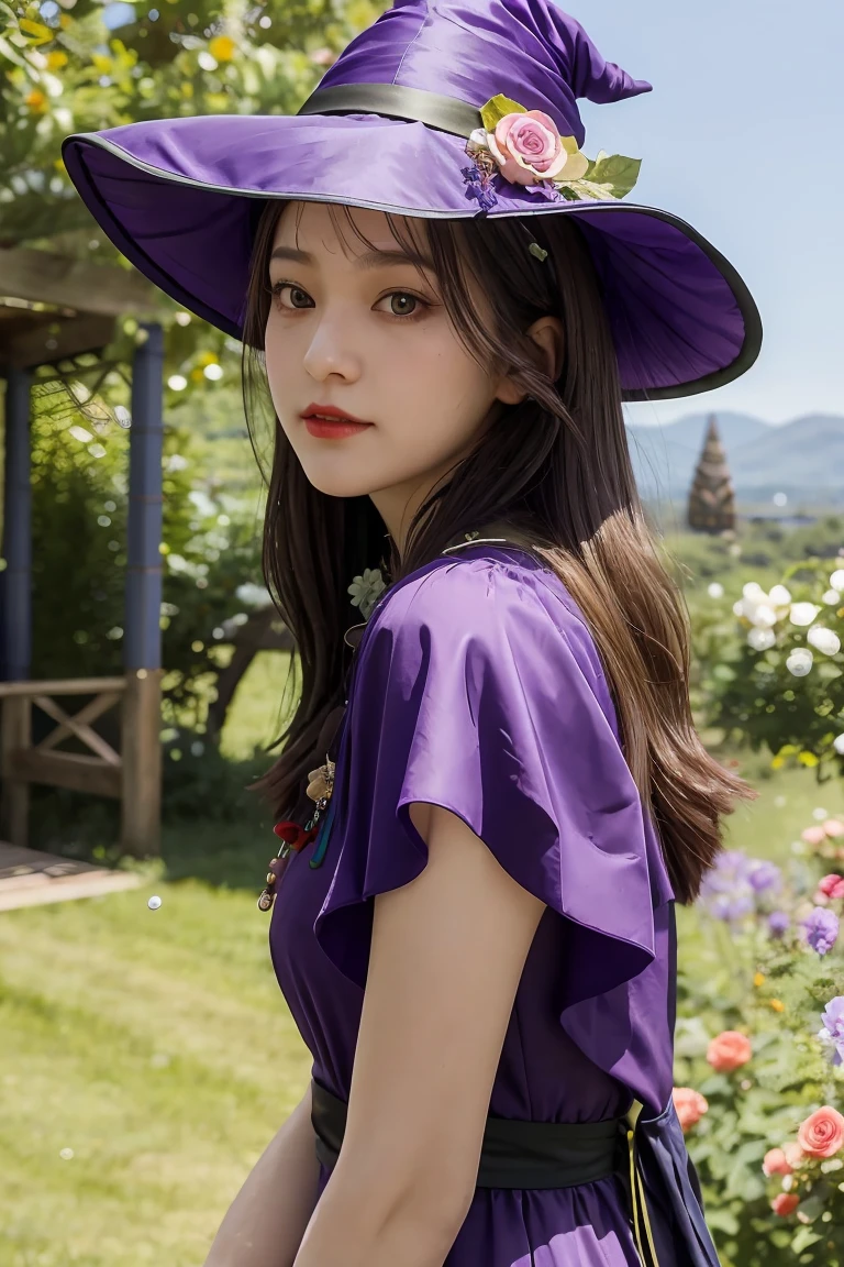 a beautiful girl, perfect face, arms at sides, masterpiece, ultra high res, high quality, 4k, upper body:1.5, lisa (genshin impact), urple witch hat, green eyes, brown hair, (PureErosFace_V1:0.008), (european:1.6), bangs, dress, rose, jewelry, witch, capelet, purple headwear, black gloves, purple flower, hair between eyes, purple rose, parted lips, purple capelet, hat flower, multicolored dress, hair ornament, windmill, from side,