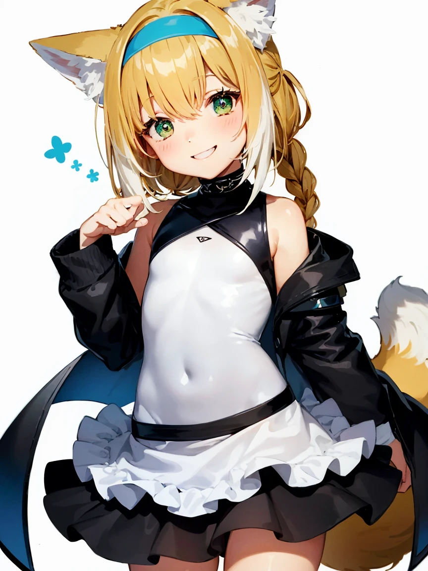 ((hyper super ultra detailed perfect piece)), (extremely detailed CG 8k), an extremely cute girl, Painting, Pop Art, (anime, anime coloring), mesugaki, young cheeky girl, Naughty look, confident smile, Grin, Cat Pose, Bottomless, On the bed, PAW Pose, highlights in eye, (long hair:1.3), (infant), (Flat Chest:1.4), (alone:1.3), (1 girl:1.3), (Perfect Anatomy:1.2), Fox_ears, animal_ears, blonde_hair, 前hair, Fox_girl, green_eye, hairband, animal_ear_Fluff, Fox_tail, tail, green_hairband, Multicolor_hair, multiple_tails, white_hair, Braiding, hair_ring, smile, infectious disease_monitor_\(Arknights\), narrow, upper_body, blush, hair_between_eye