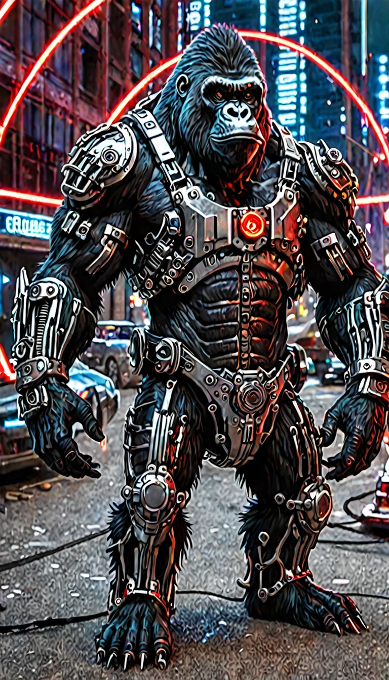 Cyborg gorilla with metal exoskeleton, Hold the laser gun. The gorilla has a scar on his left cheek.、He has an eyepatch on his right eye. The exoskeleton is covered in wires and gears., A red light is emitting from his chest.. Gorilla standing in a futuristic city, Surrounded by flying cars and neon lights. The sky is dark purple.