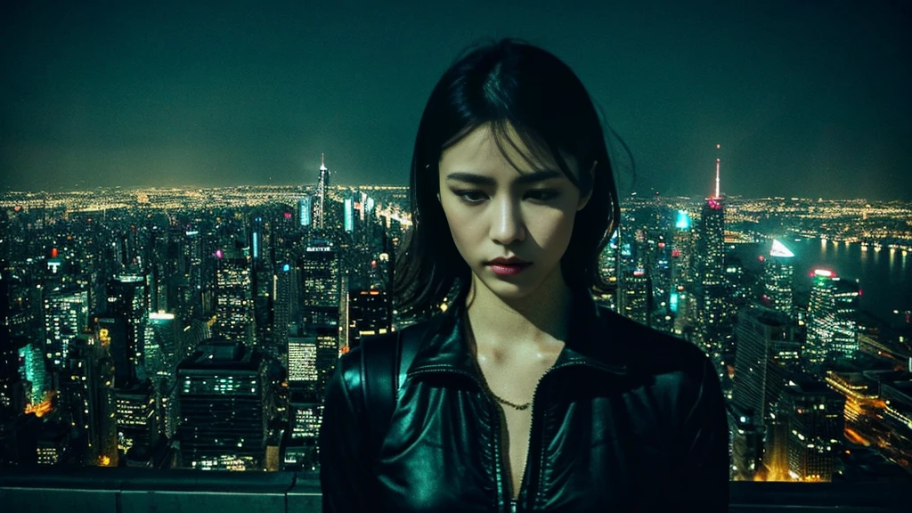 Reflecting themes of suspense and revenge、Dark and mysterious illustration style design。With the night view of the city in the background、Draw the main character in disguise。This protagonist is、A woman with a vengeance、He has sharp eyes and a calm expression..。After Her、A row of neon-lit skyscrapers、Creates a city night atmosphere.。 The protagonist is stylishly dressed、I feel like there's a secret.。She had a smartphone in one hand、on the other hand、, I see a notebook with secret plans written on it..。After Her、I could see the vague silhouettes of the two people she was aiming for..、showing that he is the target of her plan.。 The background color is、Expressing the coldness of the city night、Dark blue or purple、Use neon pink and yellow colors.。The protagonist is placed in the center.、Create a design that captures the moment she decided to put her plan into action.。 Providing iconic visuals for a story of revenge and deception。This visual leaves a deep impression on the listener.、
。 High resolution, masterpiece, Highest quality, Intricate details, Very detailed, Clear focus, Delicate skin, practical skin texture, texture, Delicate eyes, Professional, 4K, Shot with Canon, 85mm, Shallow and deep, Kodak Vision Color, that's right, Very detailed, photograph_\(Extremist\), photographpractical, practical, Post-processing, Maximum details, Roughness, Real Life, Extremist practical, Photorealism, photographgraphy, 8K Ultra HD, photographgraphy
