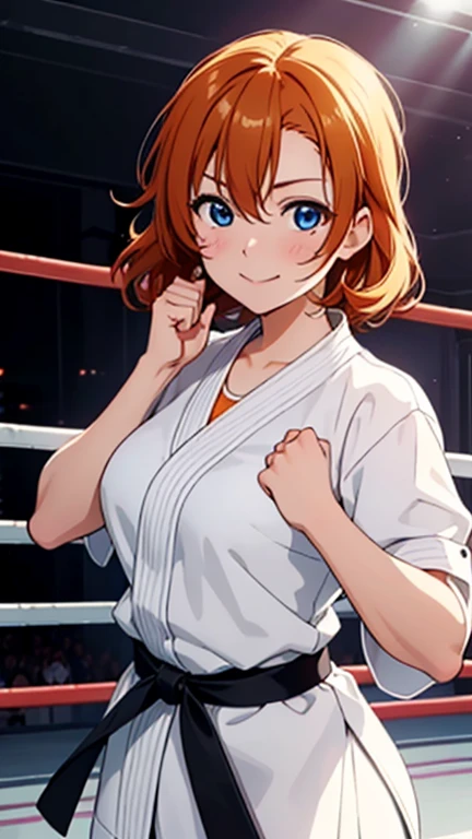 (masterpiece, 最high quality, high quality), Upper Body,Volumetric lighting, figure, beautiful, Perfect lighting, Perfect Shadow, (Nice views:1.1), Blushing, In-person audience, Are standing,Honoka Kousaka, blue eyes, Orange Hair,Empty-handed,White Karate Custom, Big Breasts, sweating, smile、Straight punch、In-person audienceにStraight punch、Raise your fist towards the audience、Serious、Desperate