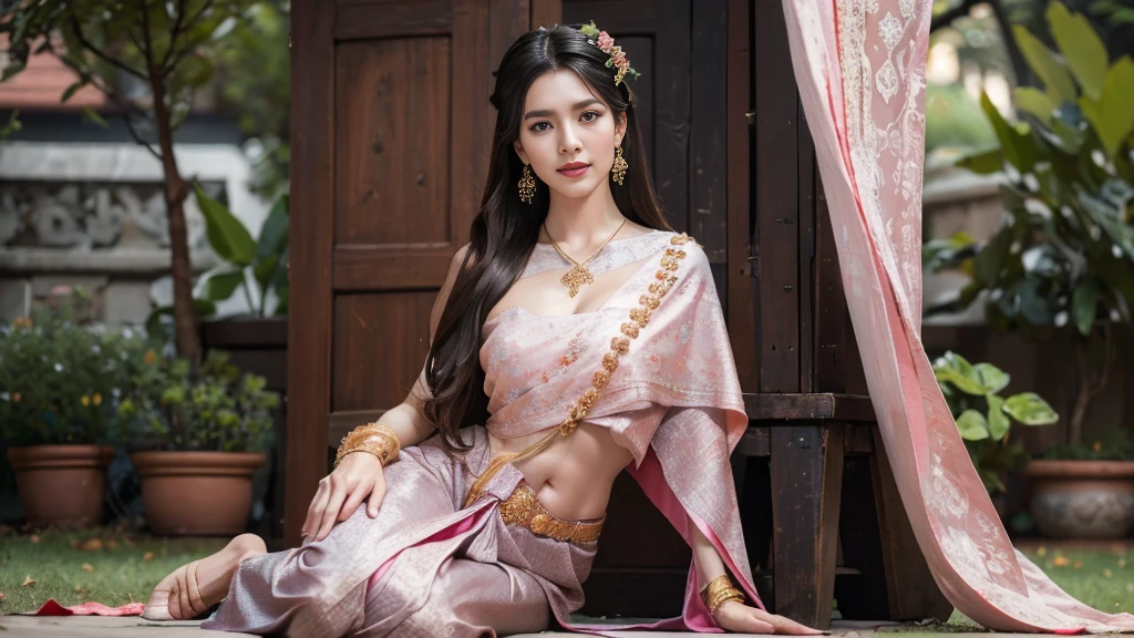(raw photos:1.2), (realistic:1.4), (Masterpiece:1.3), (best quality:1.4), Ultra high resolution, (Detailed eyes), (Detailed facial features), (Detailed clothing features), HDR, 8k resolution, Focus only, Dressing according to Thai tradition, Traditional shawl , 1 woman , big breasts, A gigantic rift, big breastsดันเสื้อผ้า, big breast, The breasts will fully grow..., Make your breasts bigger.., beautiful face, The details of the face are complete., beautiful face, small waist, Long legs, Facing the audience, full body, depth of field, Cinema-grade lighting system, big breasts, Too big for your body, Revealing a flat stomach, The lower half of the chest can be seen..., Sexy sitting posture, Pictures from eye-catching angles, Correct picture elements, The picture is complete.,
