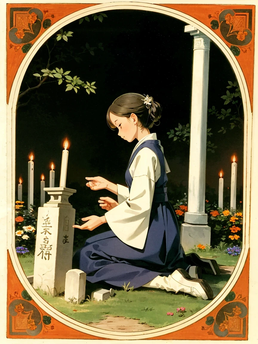 Woman making offerings at a grave