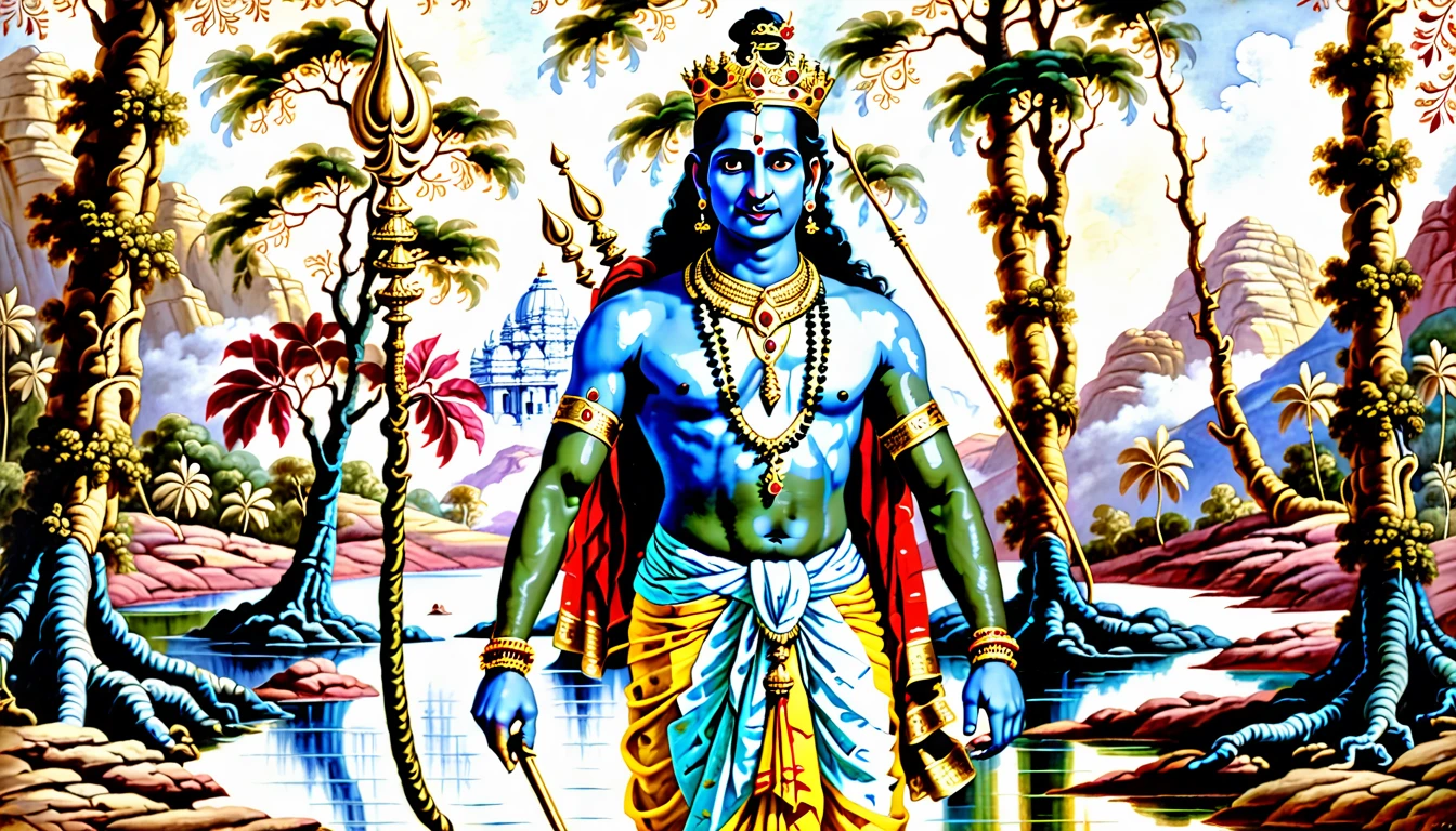 A breathtaking cinematic 16:9 widescreen portrait of Rama, the seventh avatar of Vishnu and the epitome of dharma from the Ramayana epic. Rama stands majestically in the center of the horizontal composition, shown in full-length from head to toe, occupying the middle third of the frame. His entire figure is visible, showcasing his noble posture and divine appearance. He appears as a regal Indian prince with smooth, blue-tinged skin symbolizing his divine nature, and long, black hair styled in a high jata-mukuta (matted hair crown). Rama wears a richly embroidered full-length yellow dhoti with a red silk scarf draped over his shoulders, adorned with intricate gold jewelry including a crown, necklaces, armlets, and anklets. His expression is serene and determined, embodying righteousness and strength. He holds his iconic bow, Kodanda, in his left hand and an arrow in his right, both at waist level. The wide aspect ratio allows for a panoramic view of a lush forest scene with ancient trees and a distant mountain on either side, while keeping Rama's full figure as the clear focal point. Soft, divine light surrounds him, emphasizing his godly aura from head to toe. The image style combines realistic details with the elegant aesthetics of classical Indian paintings, using a harmonious color palette dominated by blues, greens, and golds to create a visually stunning composition that captures Rama's full majesty. The scene evokes the period of his exile, blending the beauty of nature with his regal bearing