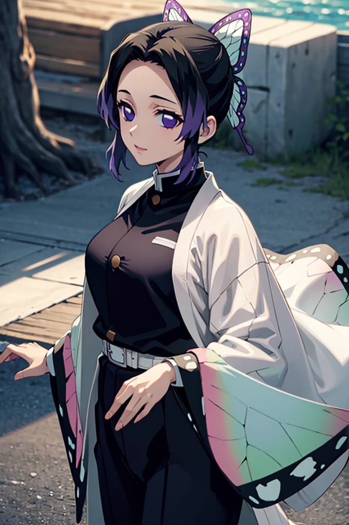 (masterpiece:1.3), (best quality:1.1), (8k, ultra detailed, ultra high res:1.2), ((anime style)), perfect 5 fingers, (perfect anatomy:1.2),
1girl,
Shinobu Kochou,
BREAK short hair, black hair, hair intakes, gradient hair,
purple eyes,
bow in hair, butterfly,
large breasts,
BREAK black shirt, black tethered pants, white haori,
looking at viewer,
cowboy shot,
perfect light, standing, outdoors, age of Edo,
