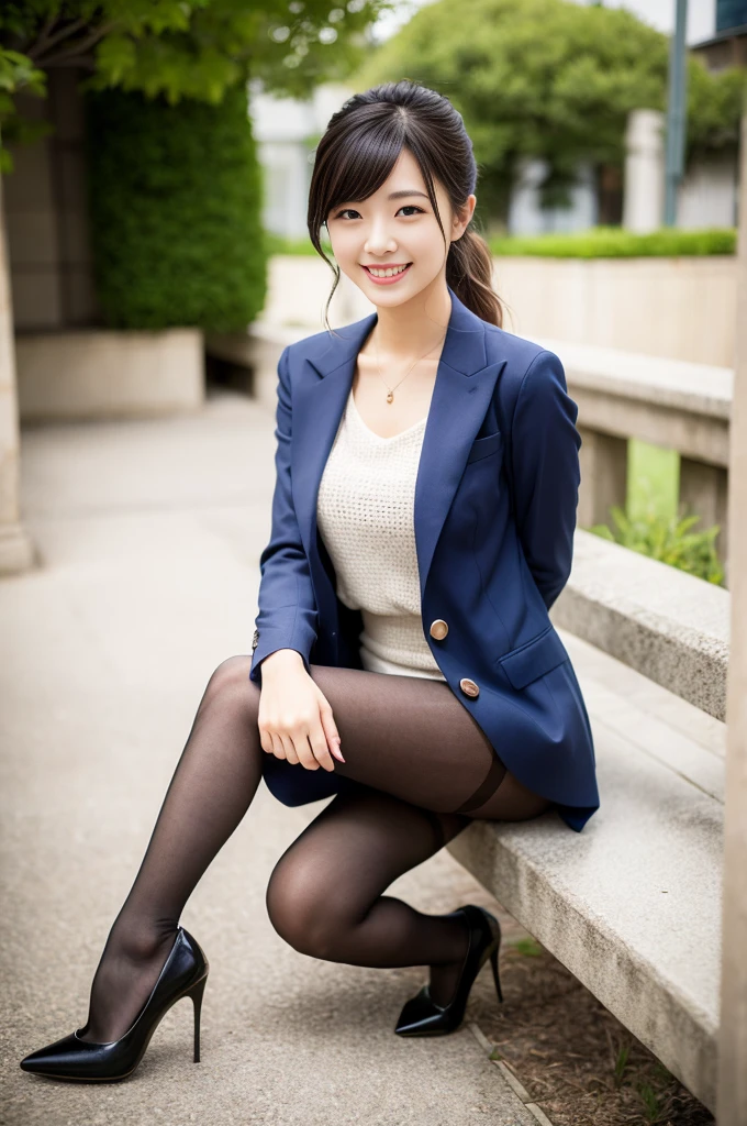 Pure Japanese girl, outstanding body, beautiful legs, wearing traditional suits, pantyhose, high heels, natural hairstyles, sweet smile, sitting, refreshing in early summer, composition from the front, 