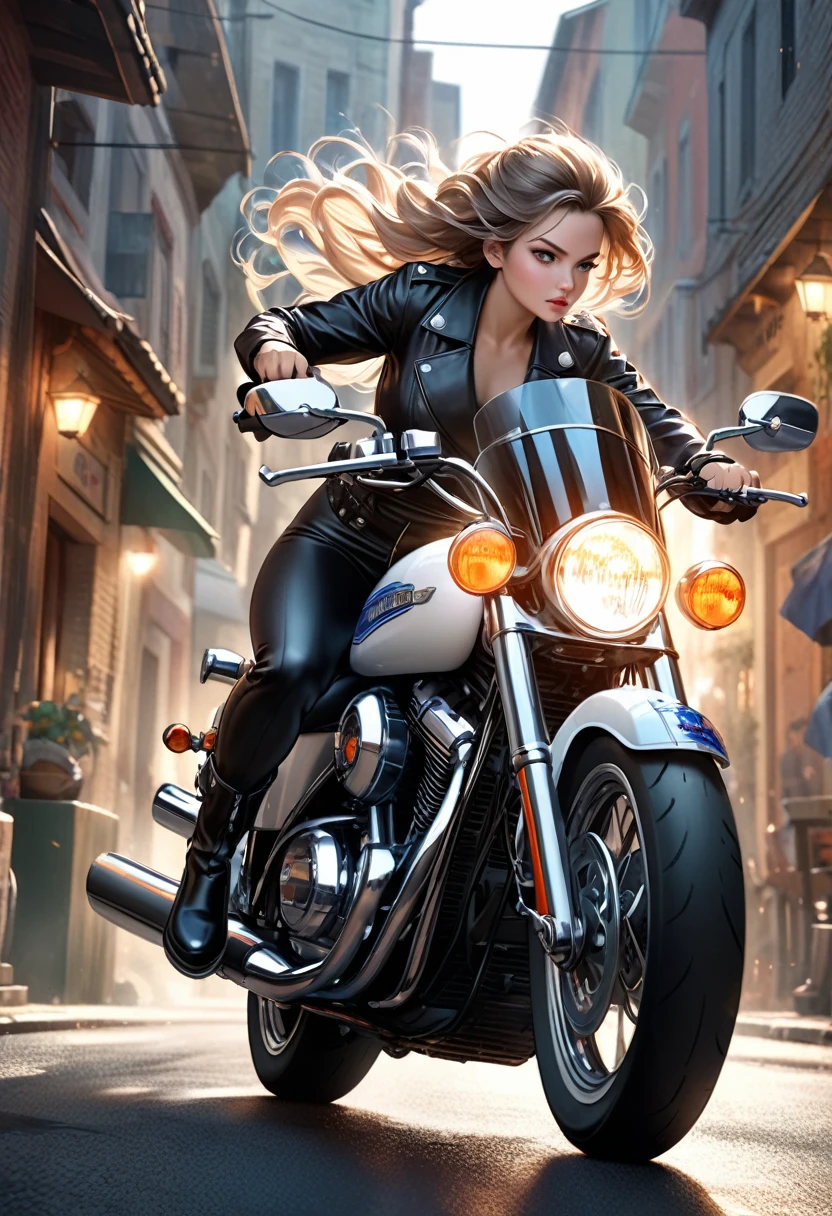 50's style illustration, A beautiful cute police girl riding a white Harley Davidson motorcycle, speeding through the local country streets, black leather rider suit and black leather boots, her hair flowing behind her, a powerful and intense profound depiction, 1girl, realistic, photorealistic, cinematic lighting, dramatic atmosphere, intricate details, dynamic composition, stunning colors, hyper-realistic, award winning, masterpiece,