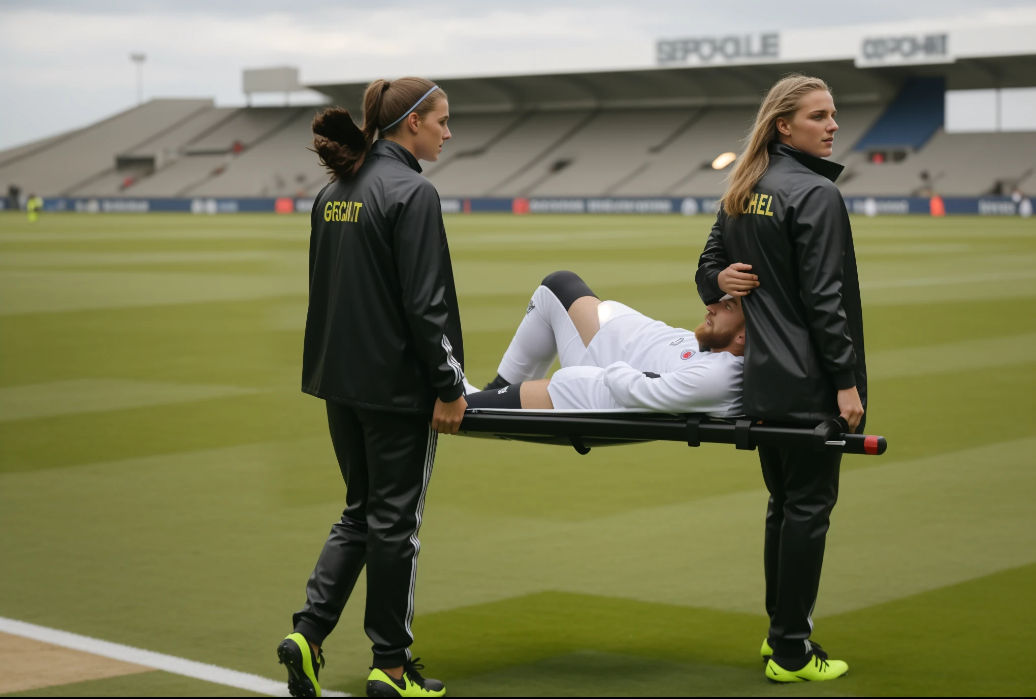 There are two madeup women I shiny and wetlook outfits carrying a stretcher on a sports ground, there is a slightly bearded and attractive young male sportsman lying injured on a stretcher with a very painful expression, there is a sportsman lying on his back on a stretcher and covers his painful looking face with his hands, there are women in wetlook laquered outerwear carrying a man on a stretcher in a sports stadium, there is a man on a stretcher being carried by two very madeup women, there is a bearded soccer-player lying on a stretcher, there is a soccer-player on a stretcher with his hands over his face, a soccer-player is lying on a stretcher and has put his hands over his face, soccer, football