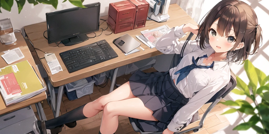 This illustration depicts a cute girl working in an office in a high-rise building, at a moment when she is tired of the situation. She is working on her laptop and is facing the monitor. His eyes are shining. Inside the room are piles of documents, an office desk and chair, a monitor, etc. However, the most notable thing is the "final mysterious high-energy body" she emits. This energy body is released from her body and has the power to obliterate the garbage in the room. emits a pale, white light that reaches every corner of the room. The view from the window is a night view. A girl with a satisfied expression is sitting.(night)