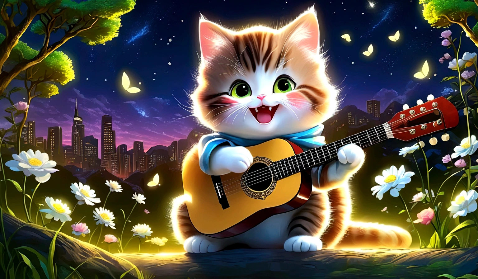 Anime Cat ,play the guitar,Has a happy expression,In the beautiful nature at night,Cat-focused movies, Dynamic pose, Dynamic Background, Dynamic configuration, Dynamic Lighting, Realistic proportions, High resolution, Ray Tracing, Very detailed, Super detailed, Intricate details, Very detailed雰囲気, Very detailedテクスチャ.