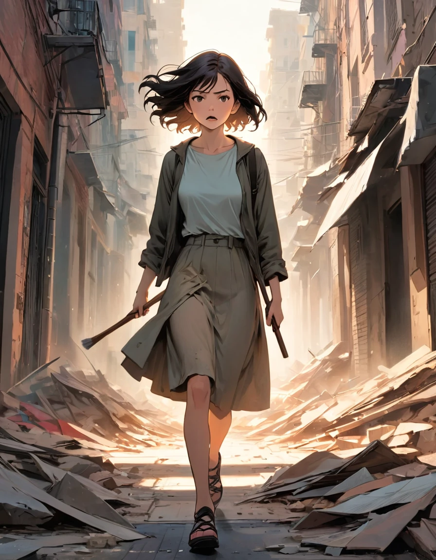 In the chaotic cityscape, a young woman emerges, navigating the crumbling streets. Determined yet fearful, she clutches a worn photograph, a reminder of what she fights for. Dust-covered and resolute, she moves through the panicked crowd. The artist's brush captures her emotions, from her furrowed brow to her determined jaw. The vibrant colors and expressive strokes bring her struggle to life. As the city crumbles, she stands as a beacon of hope, unwavering amidst the chaos.