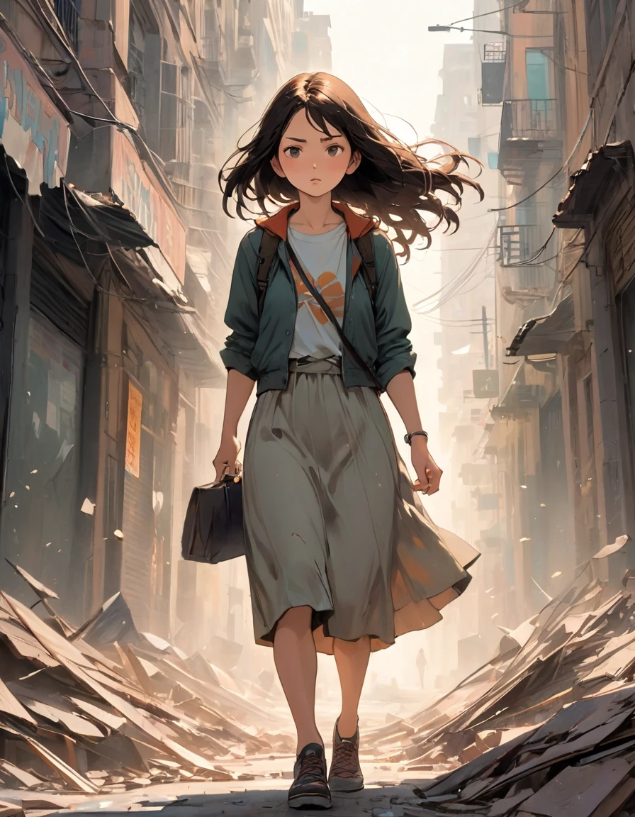In the chaotic cityscape, a young woman emerges, navigating the crumbling streets. Determined yet fearful, she clutches a worn photograph, a reminder of what she fights for. Dust-covered and resolute, she moves through the panicked crowd. The artist's brush captures her emotions, from her furrowed brow to her determined jaw. The vibrant colors and expressive strokes bring her struggle to life. As the city crumbles, she stands as a beacon of hope, unwavering amidst the chaos.