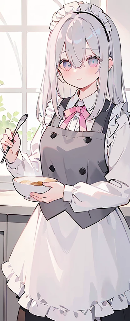 (((Long gray Beautiful Hair))),gray hair,kawai,(((Eyes visible from bangs,hair over eyes:1.3))),,Huge breasts,(pink color eyes),,(pink slanted eyes),1girl in,bangs,long gray hair, pantyhose,Cowboy Shot,white background,short hair,smiled,(wearing pink maid clothes), (maid dress type must have a perfect black vest), Bangs should be long to the tip of the chin(((, focusing on the bowl containing the dough and holding a spoon to stir it))), Kitchen room background, Perfect arm fingers,,, 1 girl, ((The image must match the tag)) Bangs almost cover the eyes full body (The character's entire body from top to bottom is completely visible)