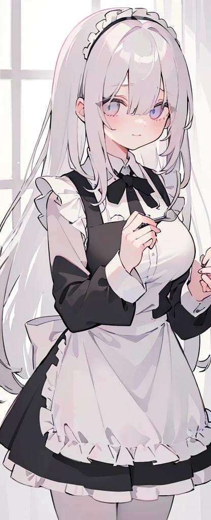 (((Long gray Beautiful Hair))),gray hair,kawai,(((Eyes visible from bangs,hair over eyes:1.3))),,Huge ,(pink color eyes),,(pink slanted eyes),1girl in,bangs,long gray hair, pantyhowboy Shot,white background,short hair,smiled,(wearing pink maid clothes), (maid dress type must have a perfect black vest), Bangs should be long to the tip of the chin(((, focusing on the bowl containing the dough and holding a spoon to stir it))), Kitchen room background, Perfect arm fingers,,, 1 girl, ((The image must match the tag)) Bangs almost cover the eyes full body (The character's entire body from top to bottom is completely visible)