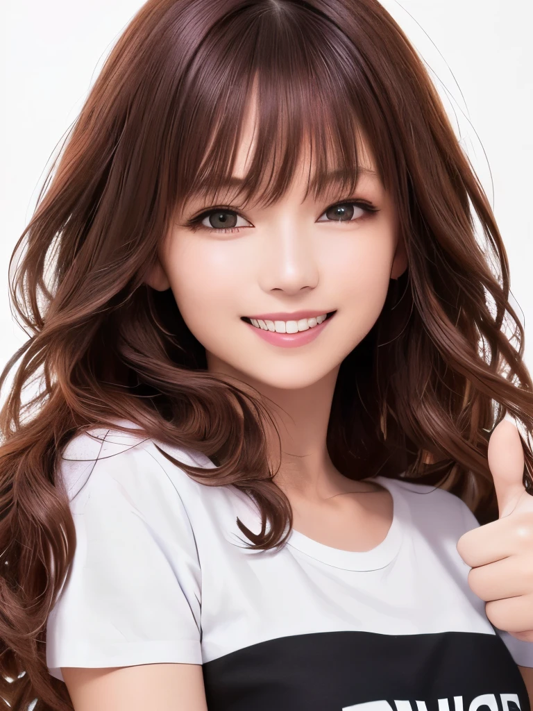 (Highest quality、8K、32k、masterpiece)、(Realistic)、(Realistic:1.2)、(High resolution)、Very detailed、Very beautiful face and eyes、1 Girl、Round and small face、Tight waist、Delicate body、(Highest quality、Attention to detail、Rich skin detail)、(Realistic、Realistic:1.37)、Bright colors、(((Red Hair)))、(((Upper Body Shot)))、(((Long Hair)))、(((White wall background)))、(((White wall background)))、(((Happy face)))、(((smile)))、(((Thumbs up with right hand)))、(((Black T-shirt)))、(((T-shirt with a picture of an apple)))、(((可愛いsmileです)))