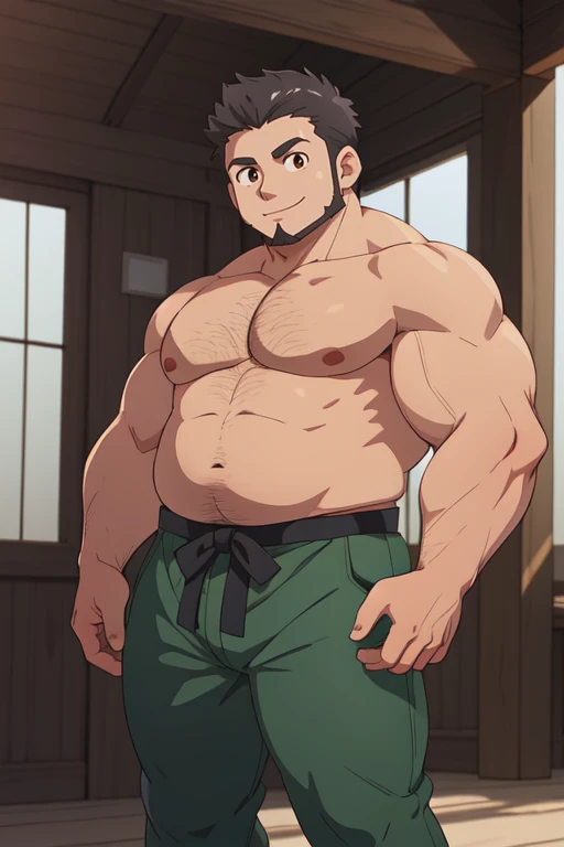 A cute young brunette anime man named Jun Shimizu, short black hair, small facial hair, black sharped beard, brown eyes, stocky, bara, shirtless, big bulky pectorals, round face, big arms and legs, hairy arms and legs only, tonified slim boy with a small and round belly fat, wearing a white judo gi with green pants, and red sci-fi boots, inside his semi-temple house, solo, single, one character only, human character, humble, cool, handsome, happy, sci-fi and adventuring theme anime style, fully detailed anime style, Touhou anime art style, Kodomomuke's anime style, 4K, close up shot, closed mouth with a smile