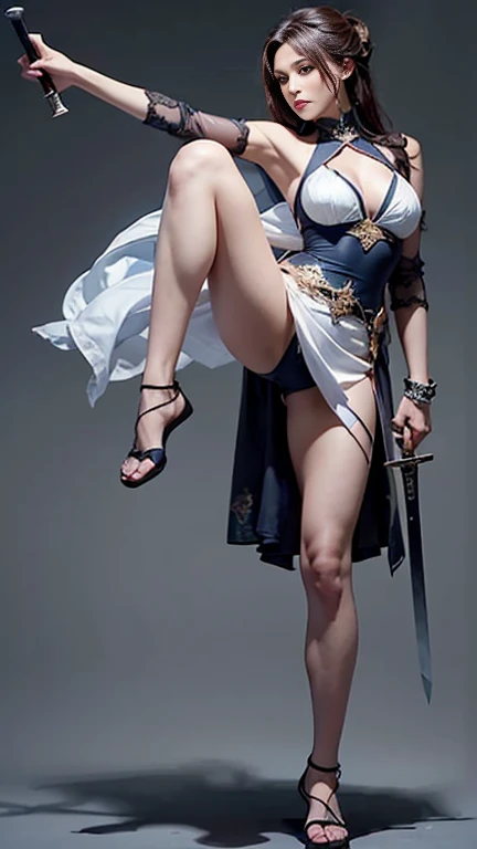 White sexy dress、No sleeve、One leg is visible and sexy、Full body martial arts, Magnificent and elaborate character art, Amazing character art, beautiful female assassin  、Wield a long sword