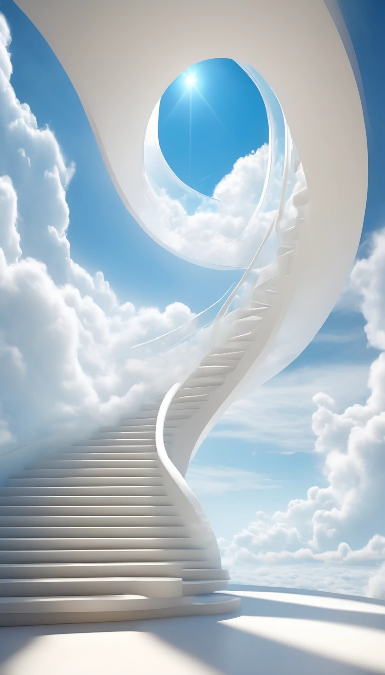 White:A beautiful ethereal landscape, a long white cloud staircase leading to a door in a quiet blue sky, fluffy soft white clouds, like a dream, fantastic, (best quality, 4K,8K, high resolution, Masterpiece :1.2), very detailed, (practical, photoppractical, Photo practical :1.37), landscape, fantasy, Dramatic lighting, bright colors, quiet, calming, calming, ethereal atmosphere