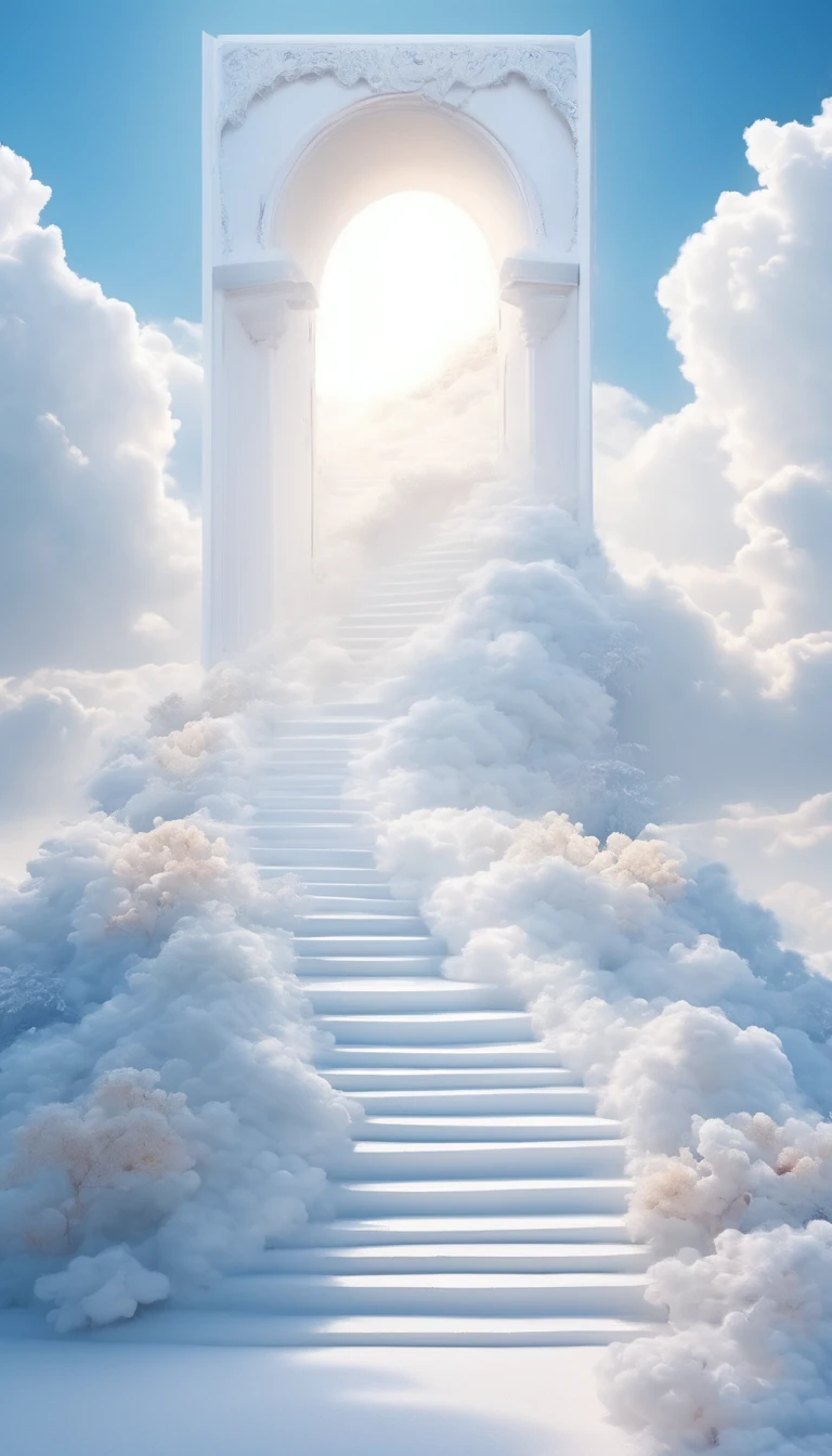 White:A beautiful ethereal landscape, a long white cloud staircase leading to a door in a quiet blue sky, fluffy soft white clouds, like a dream, fantastic, (best quality, 4K,8K, high resolution, Masterpiece :1.2), very detailed, (practical, photoppractical, Photo practical :1.37), landscape, fantasy, Dramatic lighting, bright colors, quiet, calming, calming, ethereal atmosphere