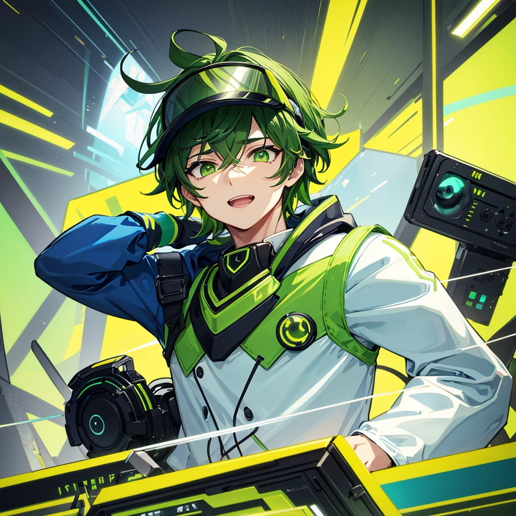 Chick、Yellow-green, dark green, and navy blue appearance、Transparent yellow-green eyes and visor、Lucio、Overwatch、dj、musician、funky、Party people、One excited boy、cool、Light green clothing with navy blue lines