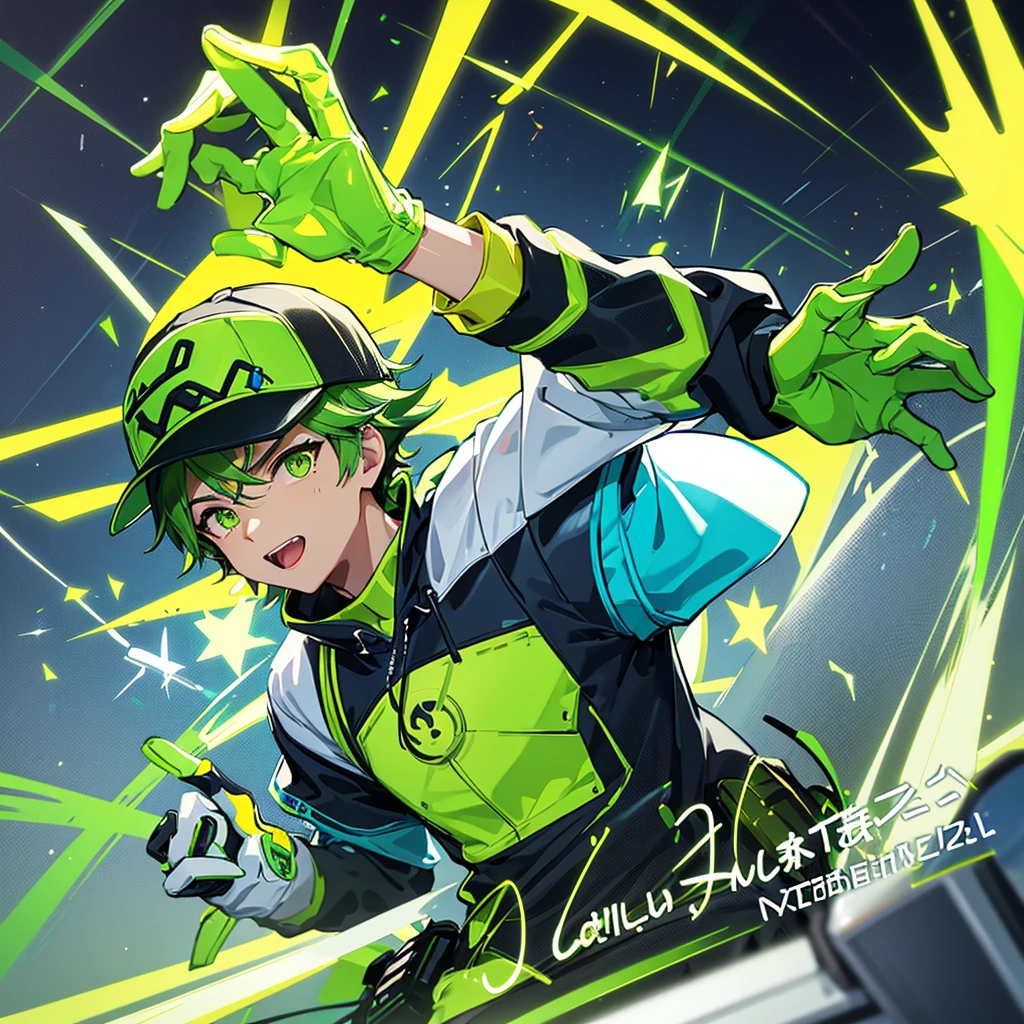 Chick、Yellow-green, dark green, and navy blue appearance、Transparent yellow-green eyes and visor、Lucio、Overwatch、dj、musician、funky、Party people、One excited boy、cool、Light green clothing with navy blue lines