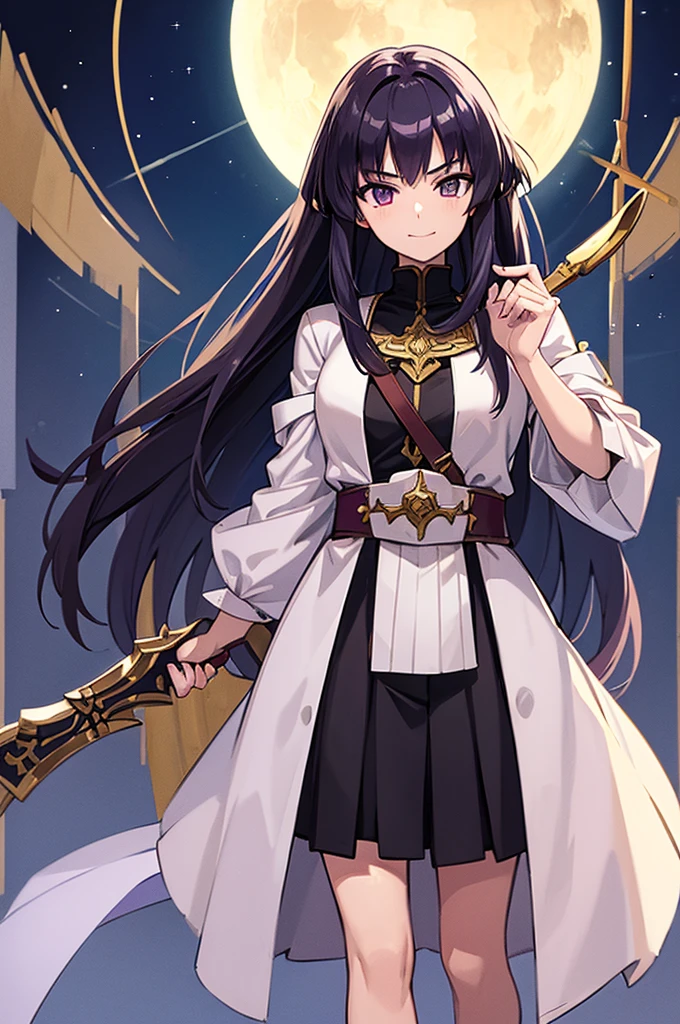 Highest quality, masterpiece, High resolution, alone, (Fire emblem),(FE Heroes_Ayla),Evening sky_background,Young Girl,(smug face),(black_Hair Color), (Straight Long_Hairstyle),4K, masterpiece,, alone, 1,whole body,looking at the camera, White Domaru,(Long sword),(human_ear),(purple_coat)Sharp Eyes,(Full Finger), (Cane_Swing up), (The finer details), (Anatomically correct), (映画のbackground), Hyper Detail, (Subtle details), (Intricate details)