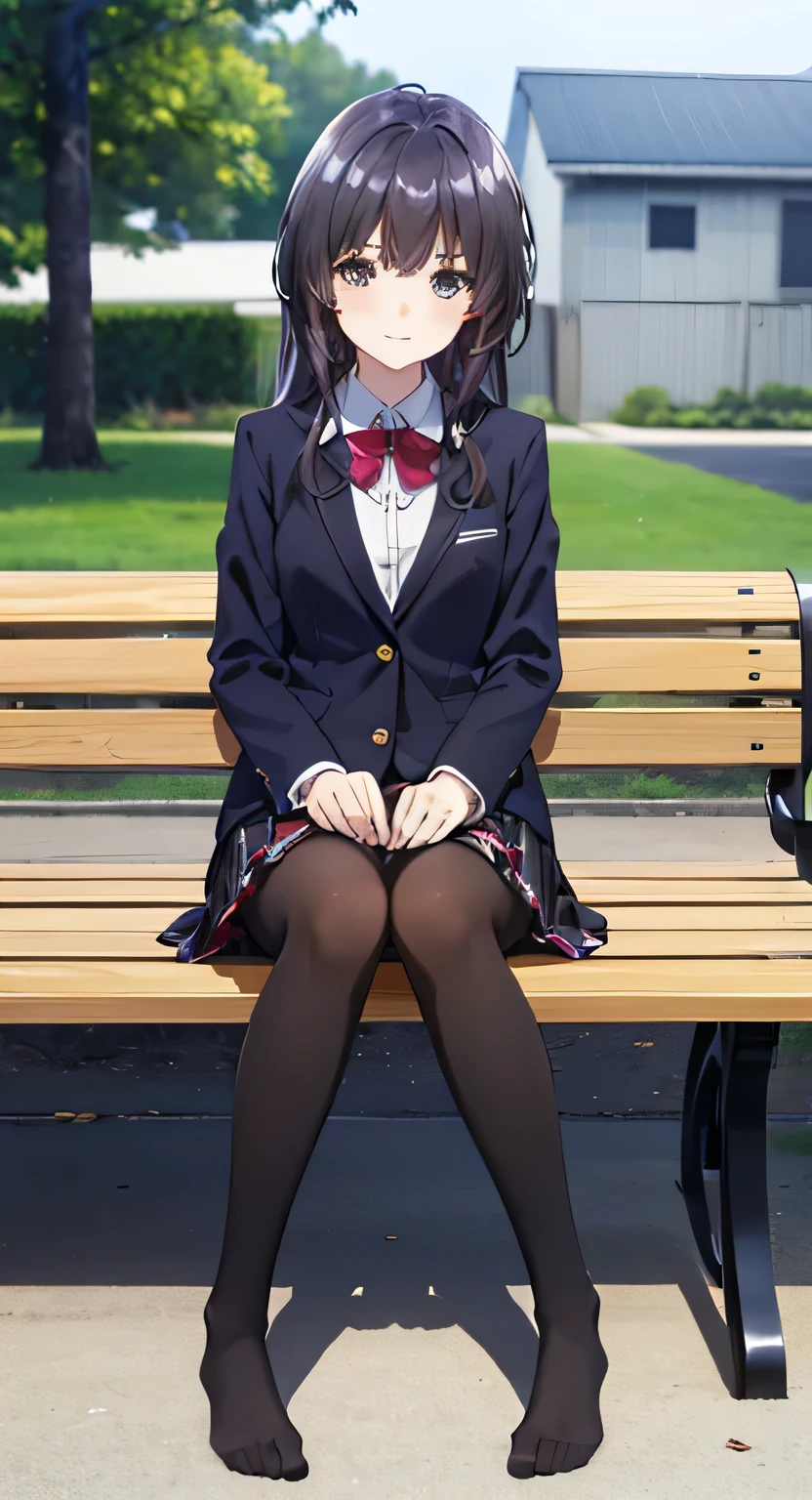high quality, masterpiece, High resolution, (Head to Toe full body), front, frontComposition from slightly below, Symmetric, Tall 18 year old girl, alone, (Head to Toe), (Small breasts), Black Hair, bangs, (black tights), (Black Pantyhose), (Sit with your legs apart), (Crouching pose), ( (Sit on a bench with your legs spread), (M-shaped feet), Thin legs, Very beautiful tall 18 year old girl, (No shoes), smile、 Looking into the camera, blazer uniform, Checkered Pleated Skirt