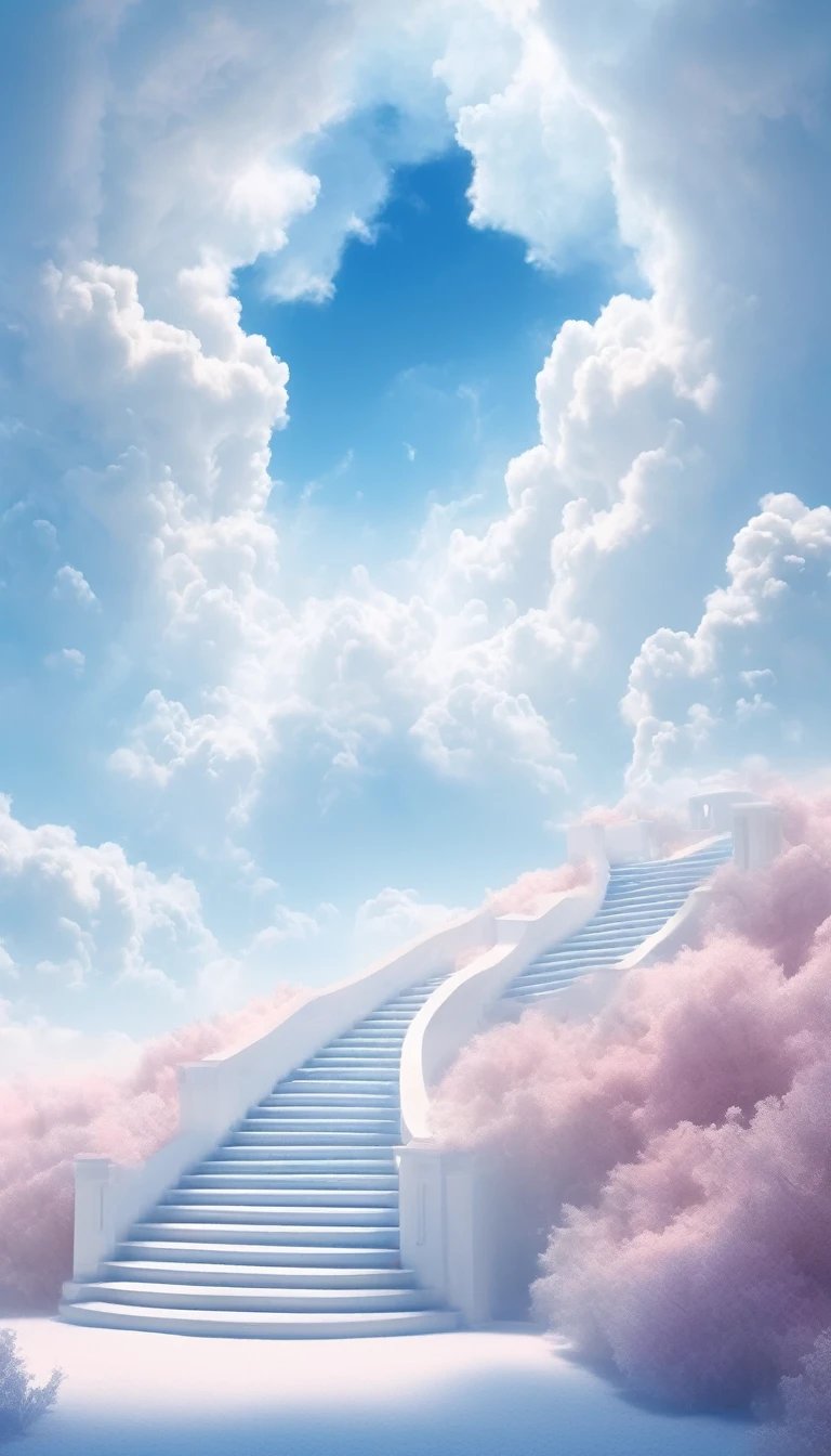 A beautiful ethereal landscape, a long white cloud staircase leading to a door in a quiet blue sky, fluffy soft white clouds, like a dream, fantastic, (best quality, 4K,8K, high resolution, Masterpiece :1.2), very detailed, (practical, photoppractical, Photo practical :1.37), landscape, fantasy, Dramatic lighting, bright colors, quiet, calming, calming, ethereal atmosphere