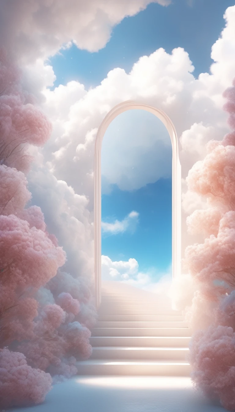 A beautiful ethereal landscape, a long white cloud staircase leading to a door in a quiet blue sky, fluffy soft white clouds, like a dream, fantastic, (best quality, 4K,8K, high resolution, Masterpiece :1.2), very detailed, (practical, photoppractical, Photo practical :1.37), landscape, fantasy, Dramatic lighting, bright colors, quiet, calming, calming, ethereal atmosphere